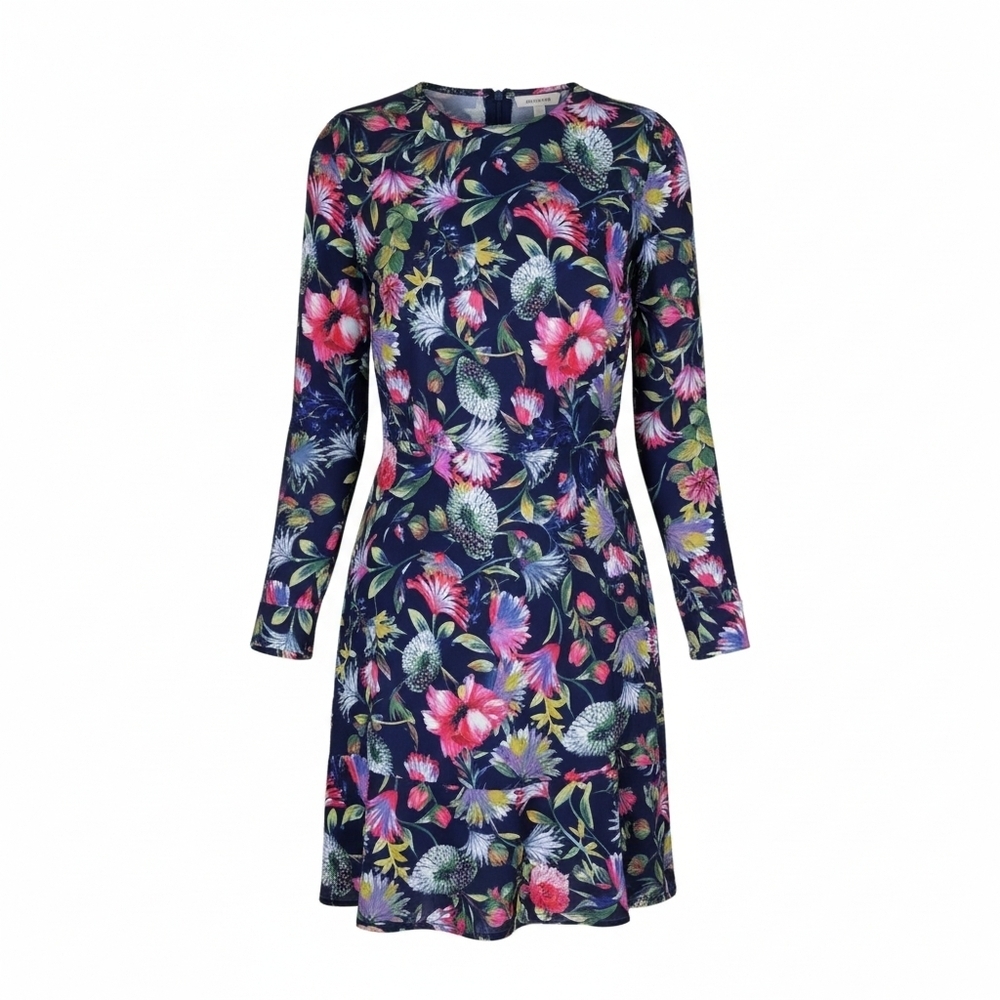 J Crew Dress Size 6 Floral Long Sleeve Flounce Hem Fitted Waist Back Zip Lined